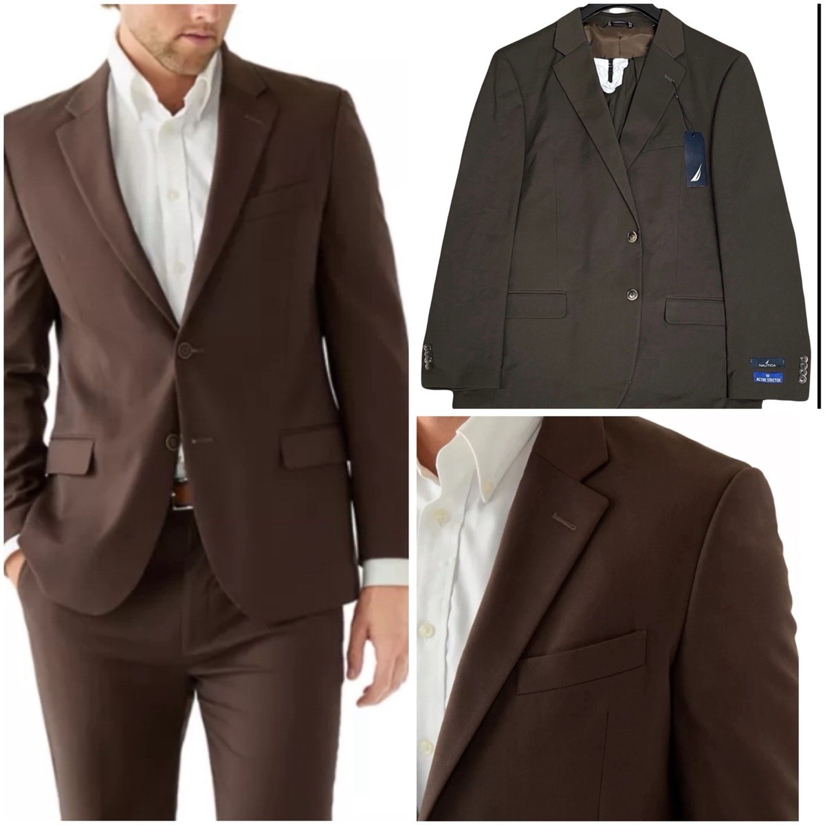 Nautica Men Modern fit Suit Jacket Blazer 48L Brown Solid Active
