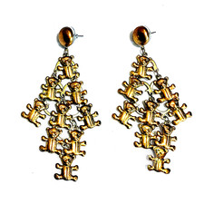 Teddy Bear Chandelier Drop Dangle Pierce Earrings Deep Gold Tone Fun Happy