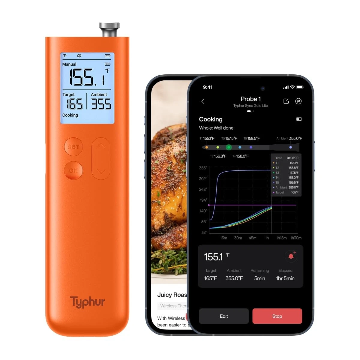 Typhur Sync Gold Wireless Meat Thermometer, Enhanced 10X Sub-1G Signal Orange