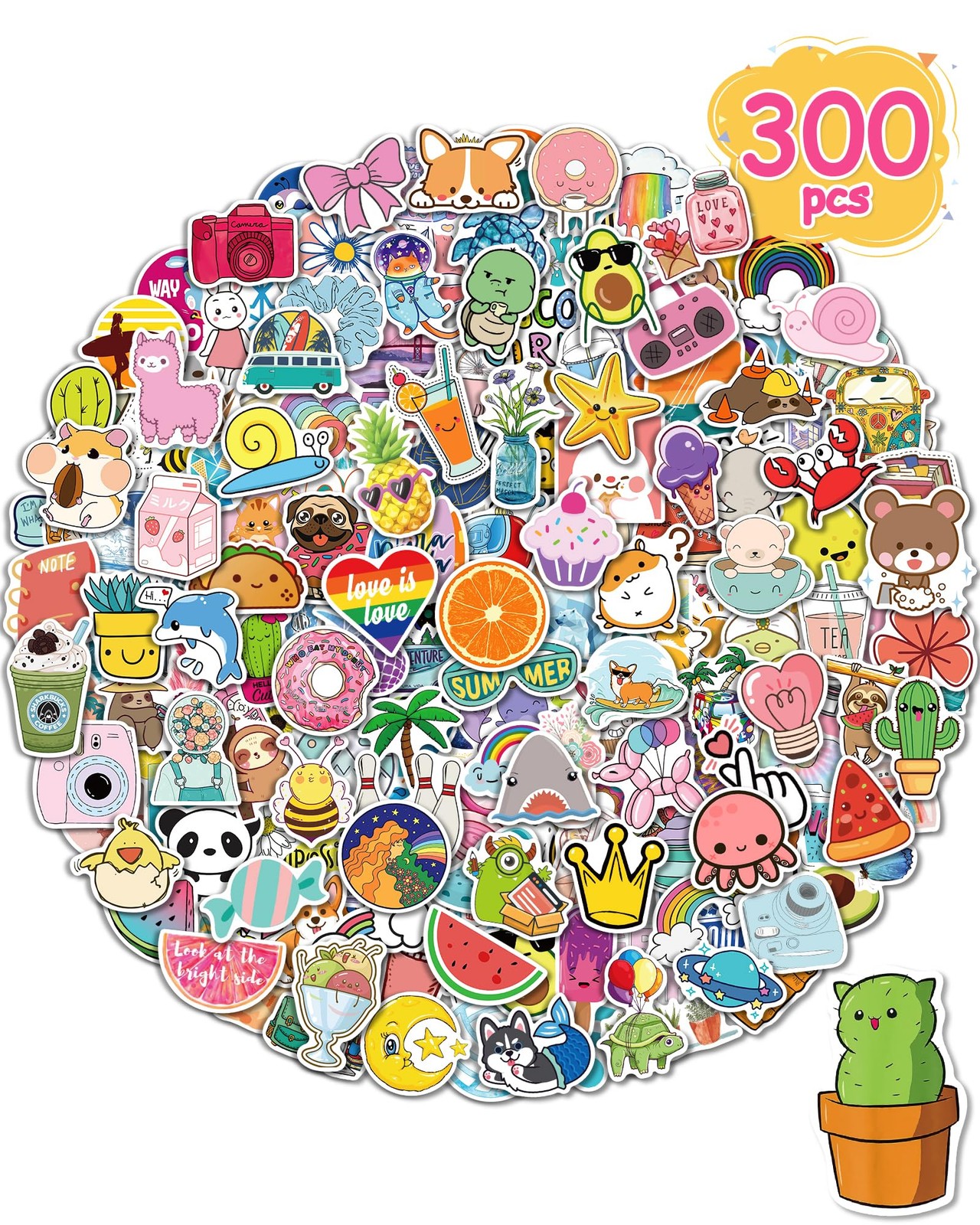 300 Pcs/pack Cute Vinyl Waterproof Laptop Sticker For