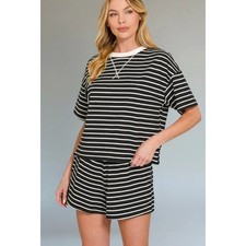 Zenana Black Stripe Matching Lounge Set Size Small Short Sleeve Top Shorts