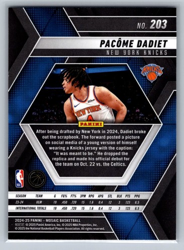 2024-25 Panini Mosaic #203 Pacome Dadiet RC New York Knicks NBA Basketball Card - Picture 2 of 2