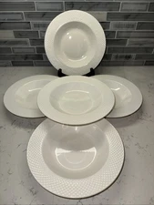 Food Network~White Basket Weave Stoneware 9” Large Rim Soup/Salad Bowl~Set of 5