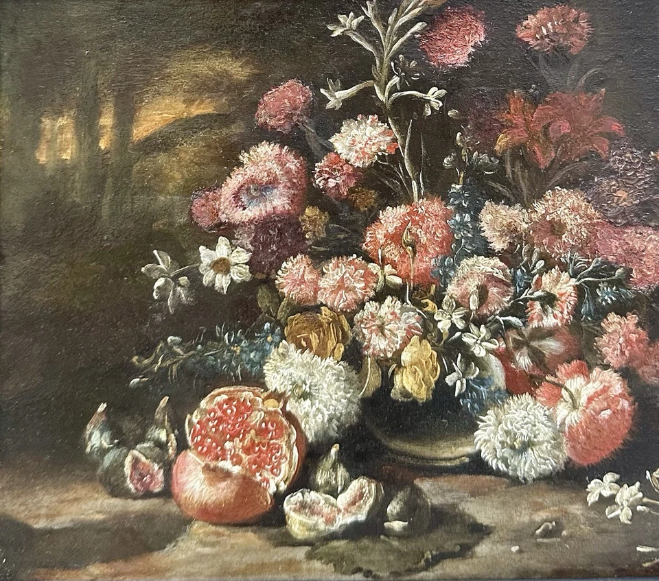 MONNOYER J-B Tableau Ancien Nature Morte Fleur Fruit Paysage Peinture Cuivre 17è - Photo 4/4
