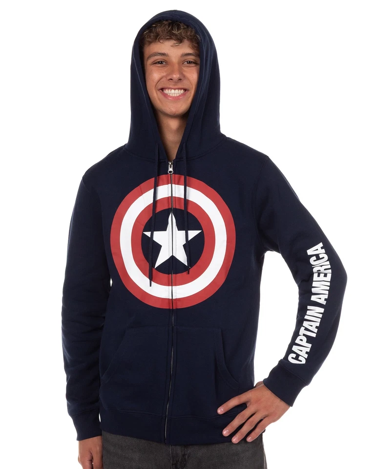 Chaqueta Marvel Capitán América Para Hombre Escudo Logo Manga Larga Cremallera Sudadera con Capucha Foto 4 de 4