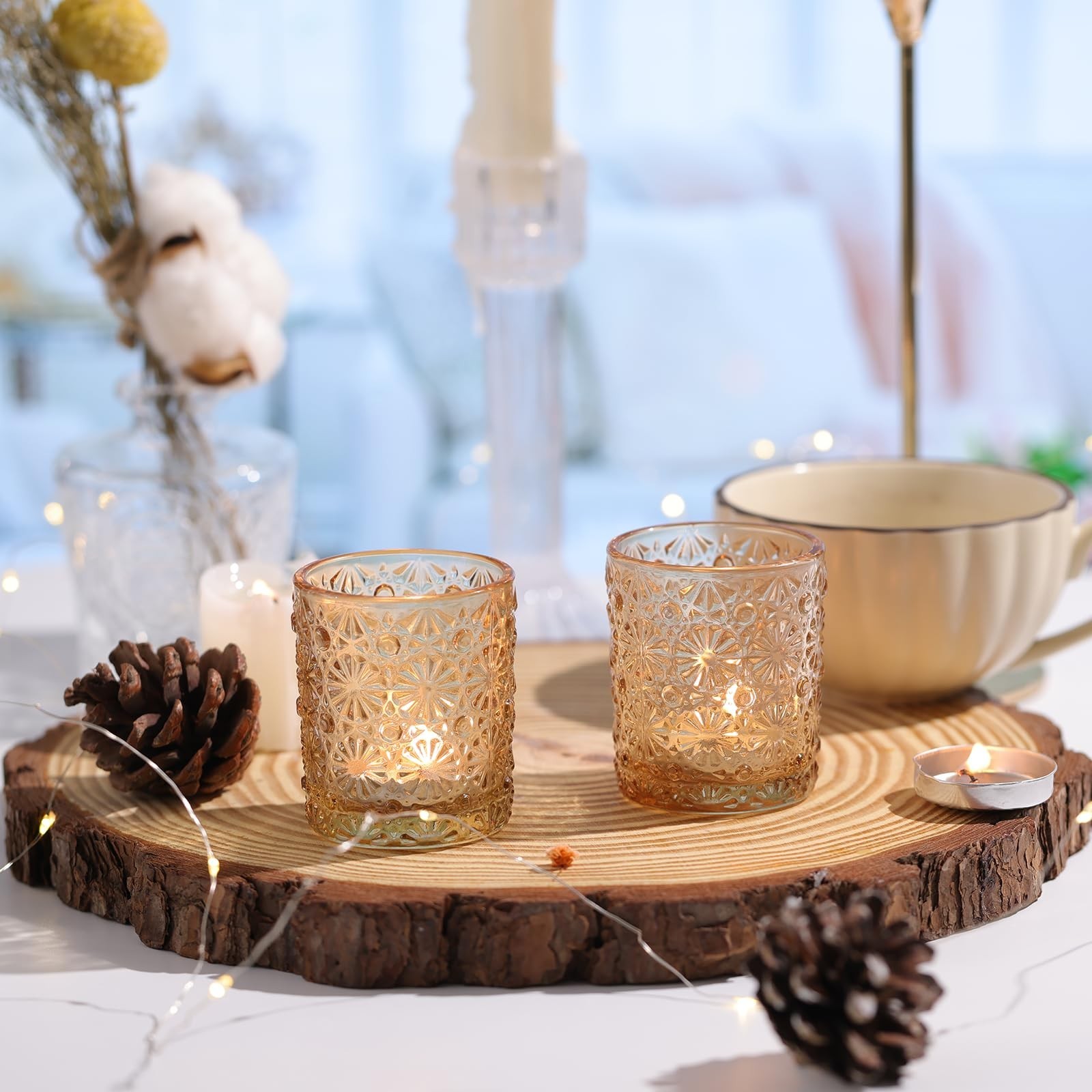 Gold Votive Candle Holder Set of 12, Flower Tea Lights Candles Holders for We...