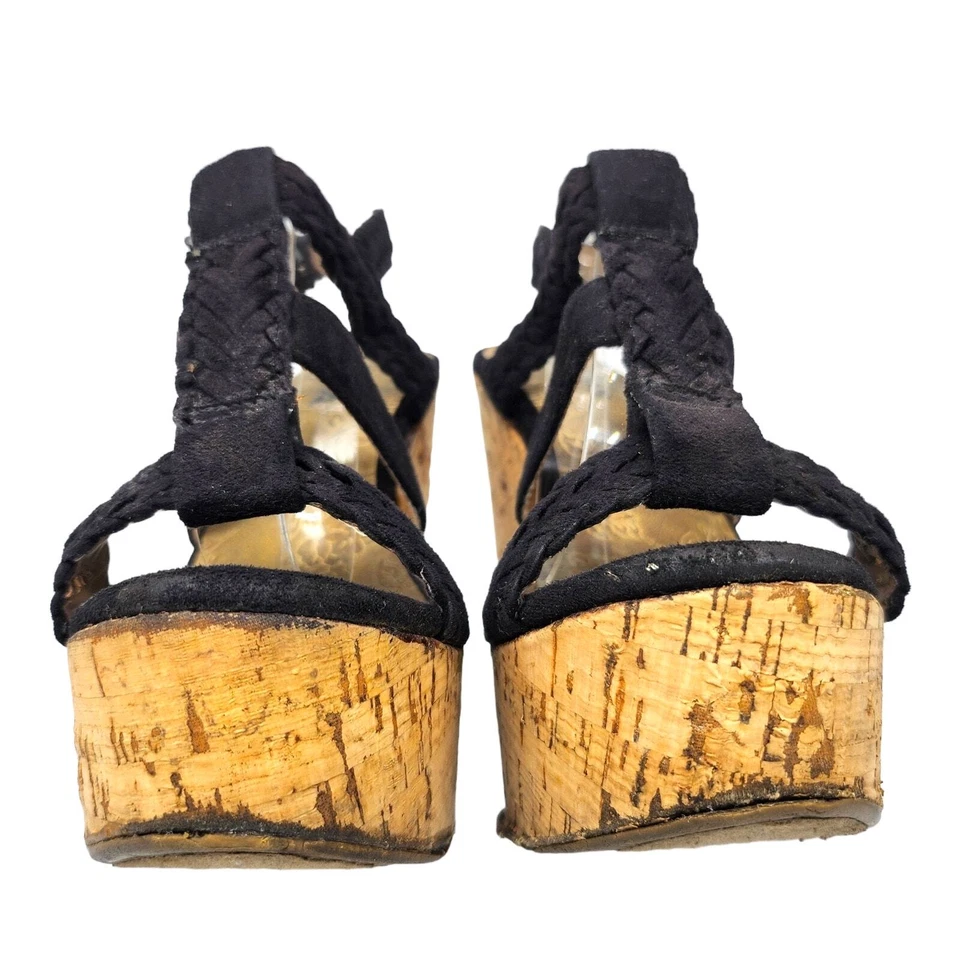 Soda Shoes Womens 7 Black Strappy Wedge Heels Peep Toe Summer Boho Bohemian Sexy - Image 4 of 4