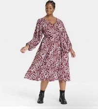 Women's Plus Size Balloon Long Sleeve Wrap Dress - Ava Viv Burgundy Swirl 3X