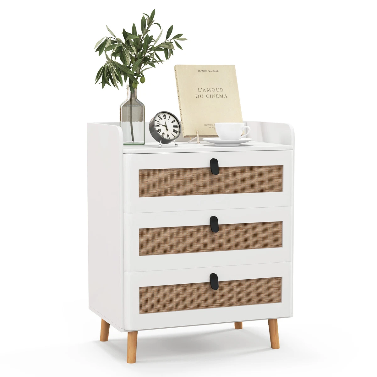 Modern Nightstand End Bedside Table w/ 3 Rattan Drawers & Solid 