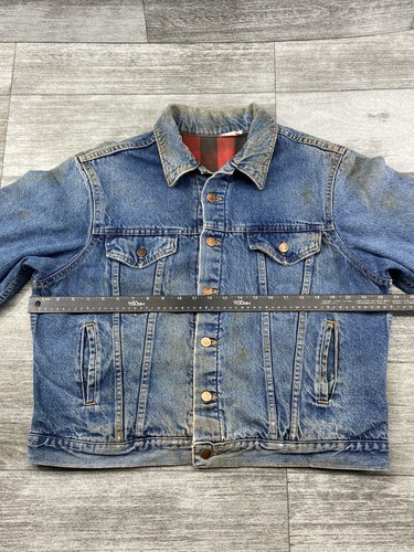 VTG STEEL Indigo Denim Buffalo Plaid Blanket Lined Adult 46 Jean Jacket USA Made - Picture 4 of 24