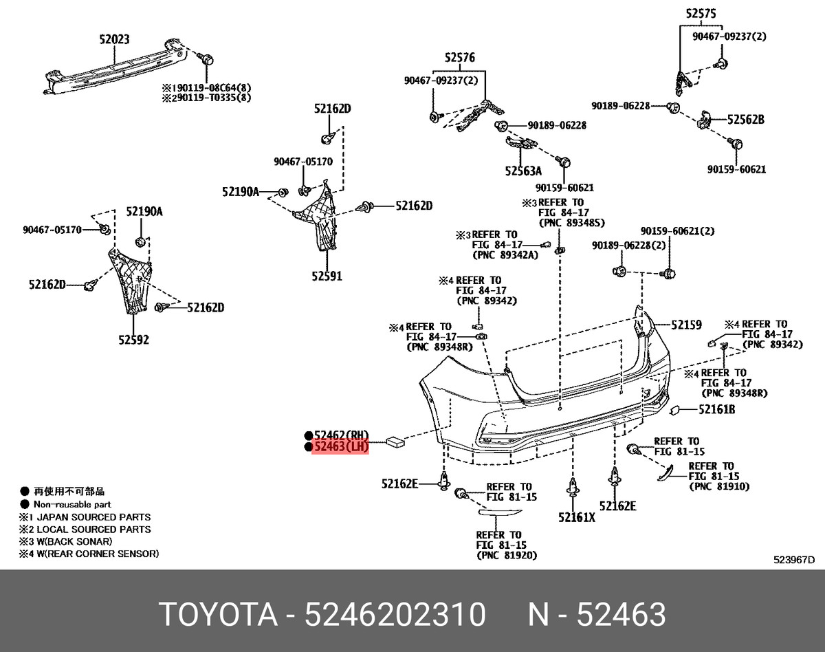 Genuine OE pad, rear bumper, right, 5246202310 for TOYOTA 52462 