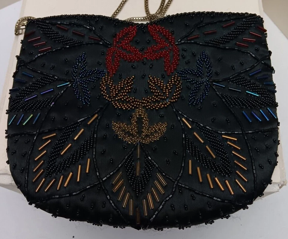 Винтажная черная сумка через плечо La Regale с бисером вечерняя сумочка ремешок на цепочке ручной работы