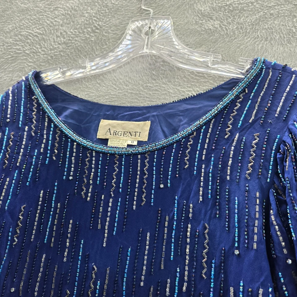 Vestido DE COLECCIÓN Argenti Mujer 8 Azul Cuentas Cambio Seda Fiesta Cóctel Años 80 Foto 3 de 4