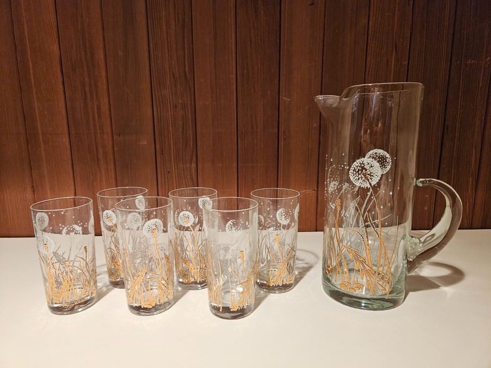 A complete 7-piece 1977–1984 Gregory Duncan 'Dandelion Series' barware set — signed artisan glassware from a specific era that serious collectors actively hunt.