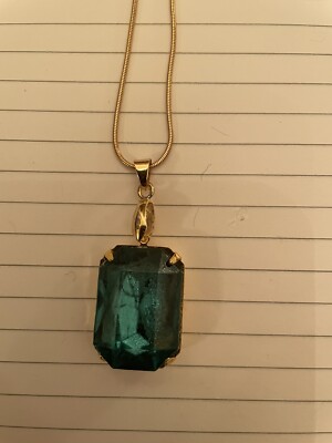 Retro Capri Blue Octagon Crystal Gold Bezel Pendant Necklace
