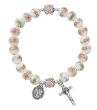 8mm Pink Ceramic 2 Decade Rosary Stretch Bracelet Comes Carded