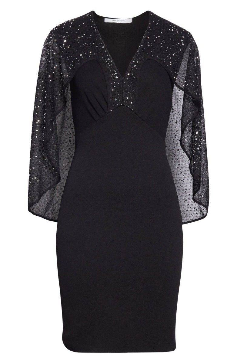 ジバンシィ Givenchy Short Dress GIVENCHY Black Crystal Embellished Sheer Cape Stretch Knit