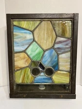 Vintage Wood and Leaded Stained Glass Electric Light Box Display Wall Hanging