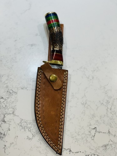 Handmade Hunting/kitchen Knife, Damascus Blade, Stag Horn & Brass Handle, Sheath - Picture 4 of 9
