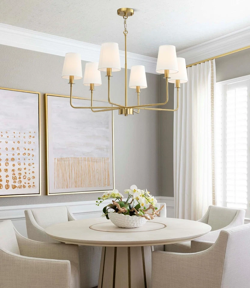 6-Light Classic Chandelier with Brushed Gold Finish & Linen Shades, E12 Base Rus - Image 2 of 4