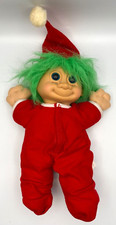 Vintage Russ Christmas Pajamas Hat Troll Doll Green Hair Blue Eyes Soft Body 12"