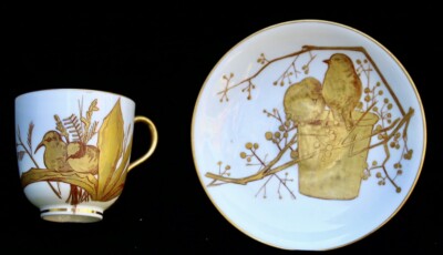$300 BRITISH ANTIQUE vintage BONE CHINA TEACUP SAUCER gold BIRDS hand  painted