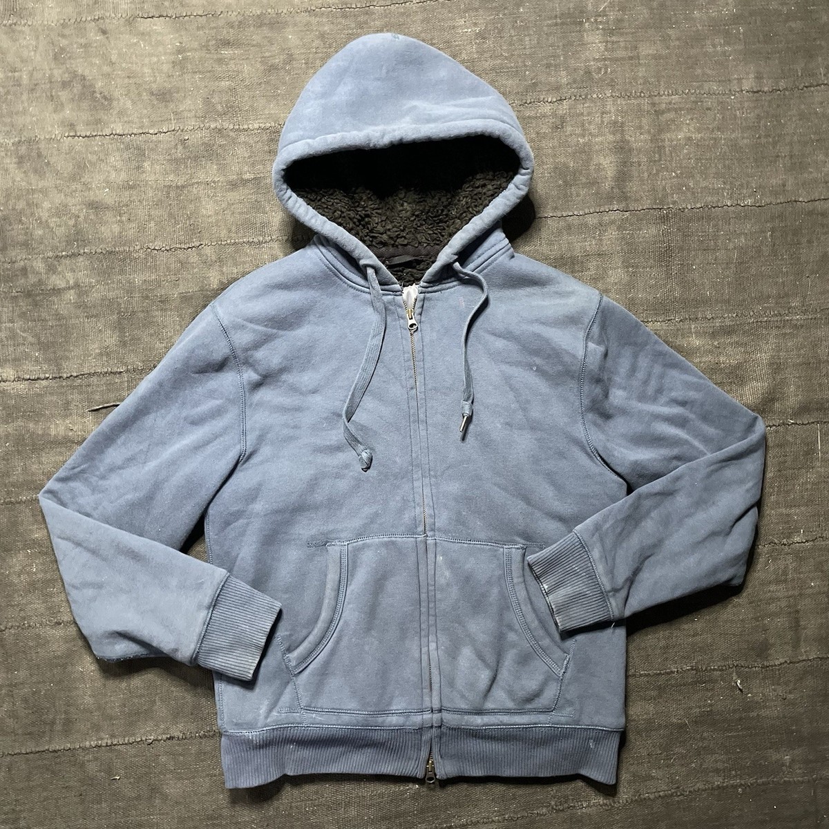 Y2K Old Navy Hoodie Men Medium Blue Zip Up Faux Fur Lined Grunge