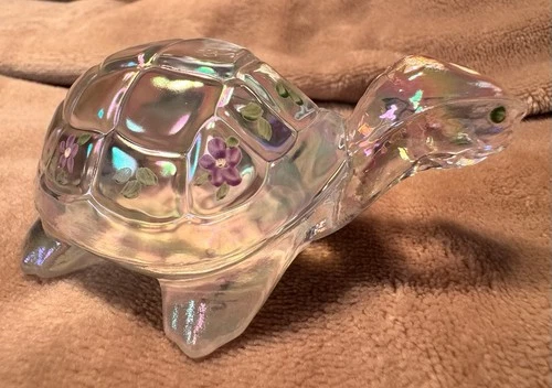 Vintage In Box Fenton Iridescent Turtle Figurine Hand Painted Flowers SIGNED Art