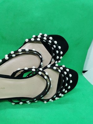 ANN TAYLOR $138 BLACK SUEDE CHUNKY FLAT SANDALS PEARL BEAD ACCENTS SHOES SIZ 9.5
