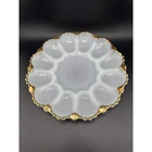 Vintage Milk Glass Deviled Egg Platter Gold Trim 12 Slot Serving Tray 062-1(124)