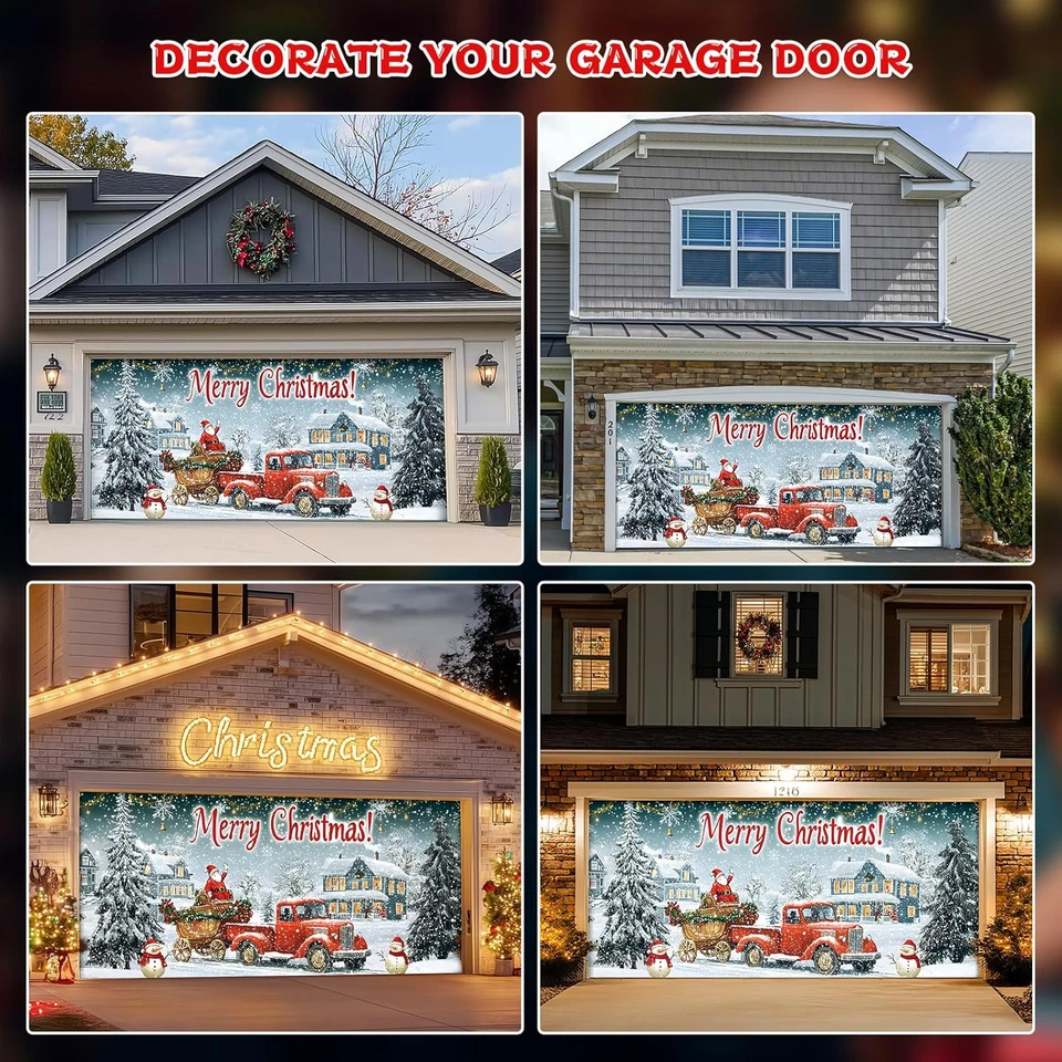 Cubierta de puerta de garaje de Navidad 7 × 16 pies con ganchos magnéticos y cable elástico  Foto 2 de 4