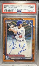 KELLON LINDSEY 2024 BOWMAN CHROME DRAFT 1ST ORANGE WAVE AUTO #14/25 LA DODGERS