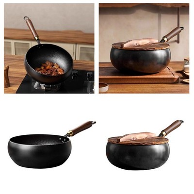 9,45 Zoll Eisen Wok Holzgriff Kochgeschirr keine Beschichtung kochender chinesischer Wok flacher Boden