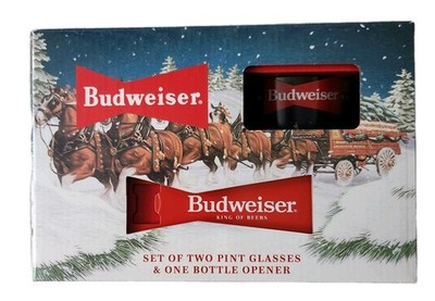 Budweiser Set 2 Pint Glasses Christmas and Bottle Opener, Limited Edition