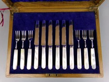 Mother Of Pearl Cutlery Canteen Set: Dessert / Fruit. Silver Plated. Antique VTG