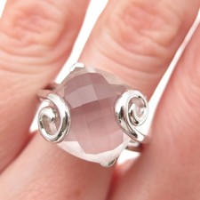 925 Sterling Silver Real Cushion-Cut Rose Quartz Swirl Ring Size 10.25
