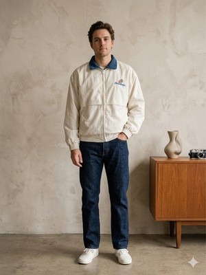 Vintage Beau Rivage Windbreaker Jacket Men's Large Cotton Blend White Blue Coast