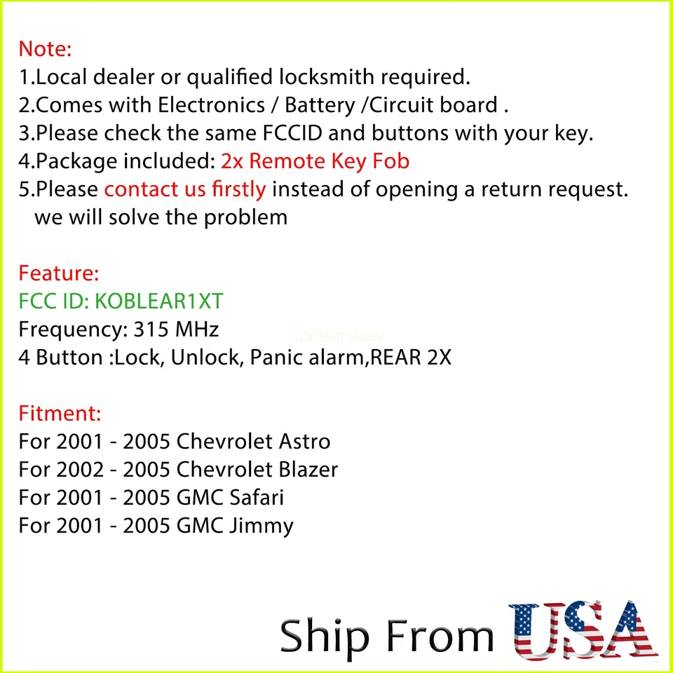 2 Para 2001 2002 2003 2004 Chevrolet Astro Blazer 4Btn Llavero Control Remoto KOBLEAR1XT Foto 2 de 4