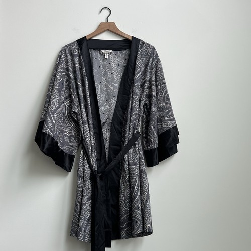 Soma Damen Folien Chiffon Kurz Morgenmantel Schwarz Grau Satin Paisley Kimono S/M - Bild 4 von 12