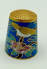 Vintage Chinese Cloisonné Flowers Floral Blue Enamel Thimble and Gold Trim