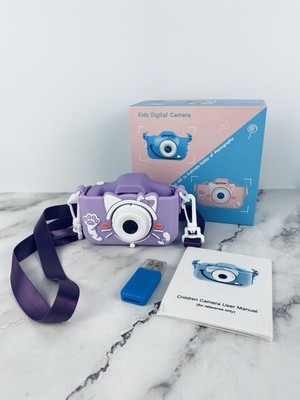 Kids Digital Camera Purple Cat Design Rechargeable USB Strap Open Box