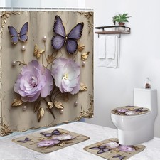 4pc 3D Swan Butterfly Shower Curtain Set W/Rugs Non-Slip Bath Mat Toilet Cover