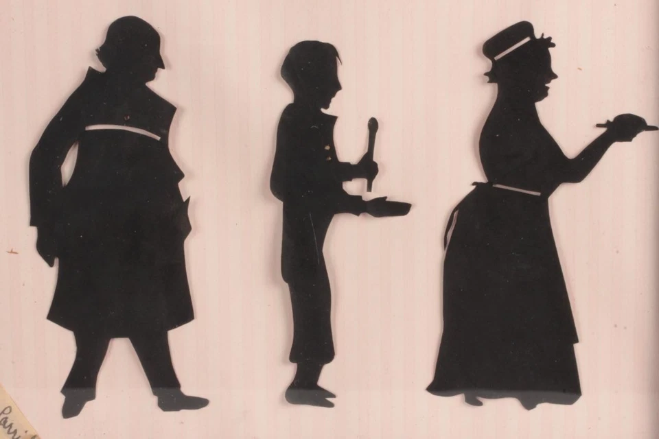 Par de siluetas grupales NANCY PARRISH retrato personajes de Dickens papel antiguo Foto 3 de 4