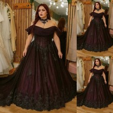 Gothic Wedding Dresses Black Plus Size Lace Burgundy Off Shoulder Bridal Gowns
