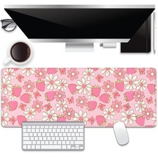 Pink Strawberries Flowers Desk Pad Mouse Pad,Large Butterfly Floral Mouse Mat...