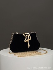 Black Velvet Evening Clutch Bag with Gold Snake Clasp and Chain