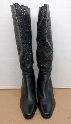 Bellini Celine Black Leather Boots Laser Cut Knee High 3.5''Heel Size 7.5M