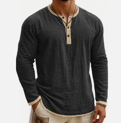 Herren Henley T-Shirt Langarm - Hemdbluse mit Knopfleiste Unterhemd Tops