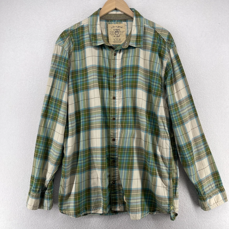 Camisa LIFE IS GOOD Para Hombre XL SIMPLE COMO ESA Franela Cuadros Calce Relajado Algodón Verde Foto 2 de 4
