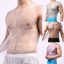 Mens See-Through Fishnet Tops Round Neck Long Sleeve High Stretch Mesh T-Shirt